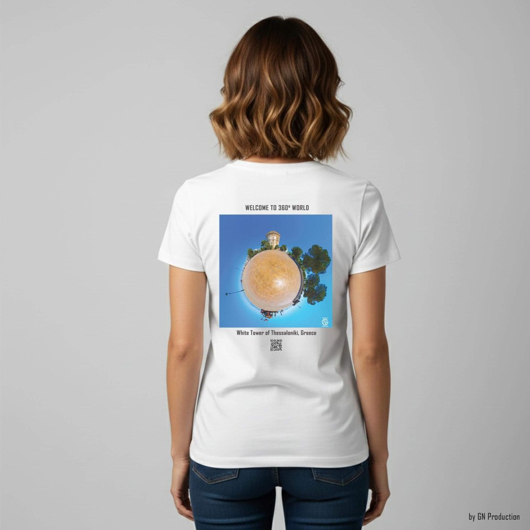 Woman model wearing white art T-shirt with White Tower of Thessaloniki tiny-planet 360° artwork on back, contemporary Greek art wear